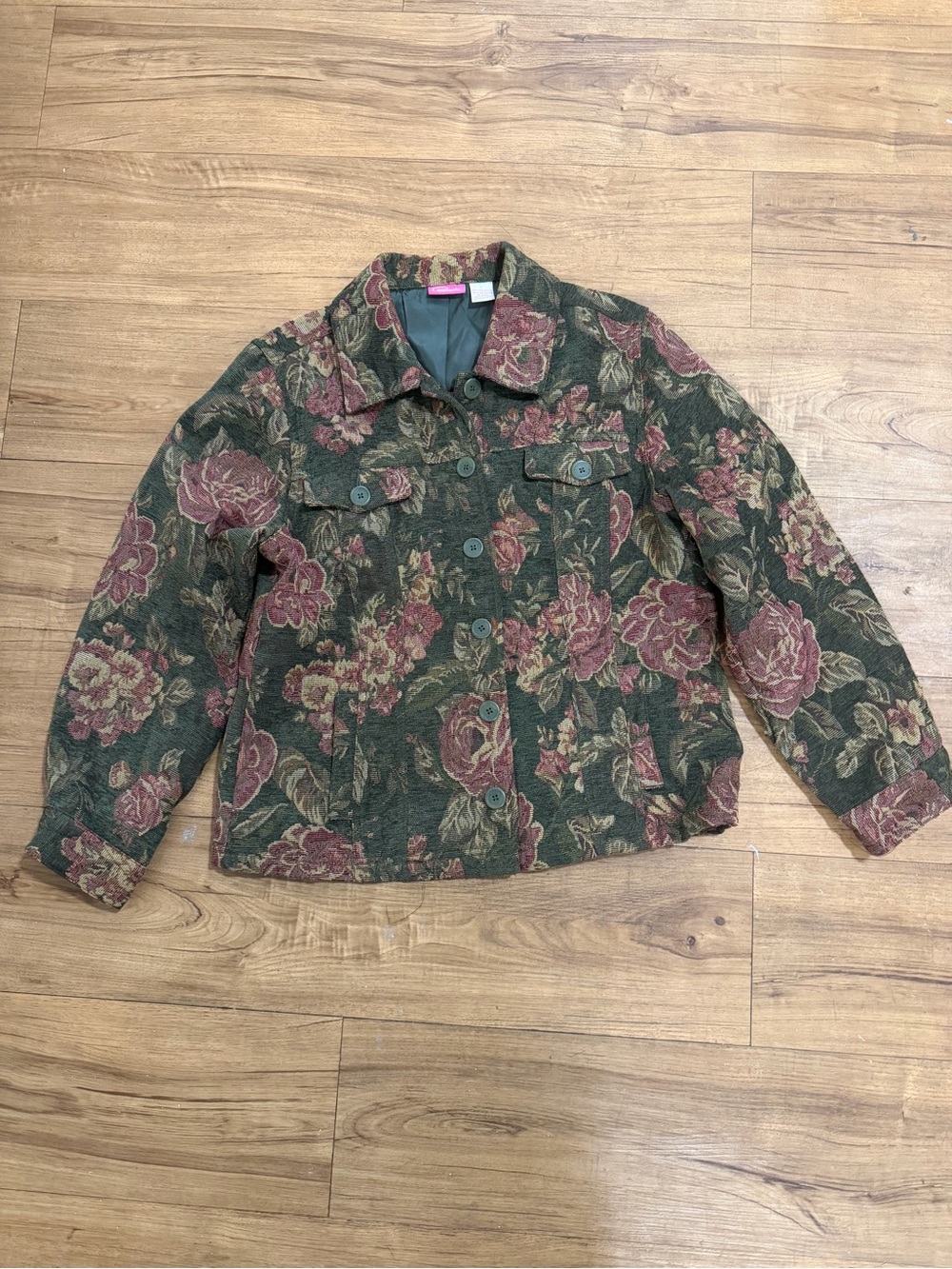 Floral Button-Front Jacket - Green & Rose - Picture 1 of 7